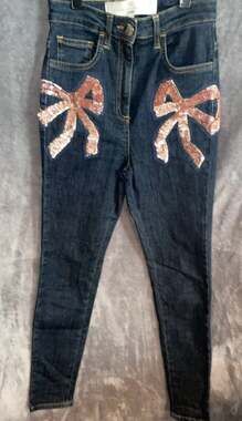 Elisabetta Franchi Jeans Sz 25 X 26 Tapered, Blue, Embellished, Bows, Italian!